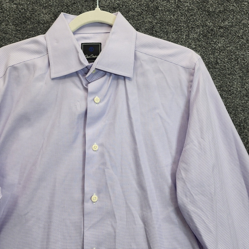 David Donahue Men Purple Gingham Check 100% Cotton Dress Shirt 16 34/35 Trim Fit